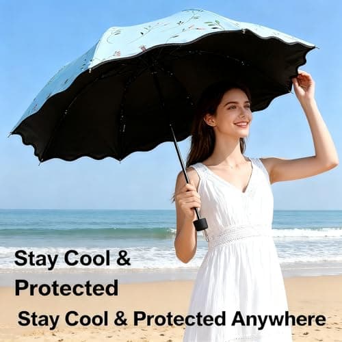 Constprog Women's Folding Floral Sun Umbrella Portable UV Protection Ladies Sun Parasol Windproof Strong Compact Umbrella Summer UPF 50+ Lightweight Travel Garden Sun Rain Umbrellas (Blue) — view 3