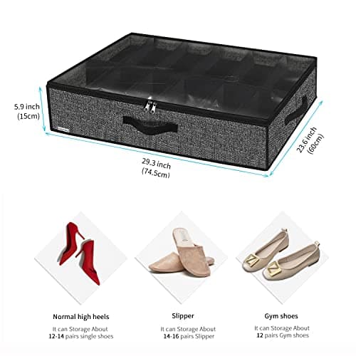 Onlyeasy Sturdy Under Bed Shoe Storage Organizer, Set of 2, Fits Total 24 Pairs, Underbed Shoes Closet Storage Solution with Clear Window, Breathable, 29.3"x23.6"x5.9", Linen-like Black, MXAUBSB2P — view 2