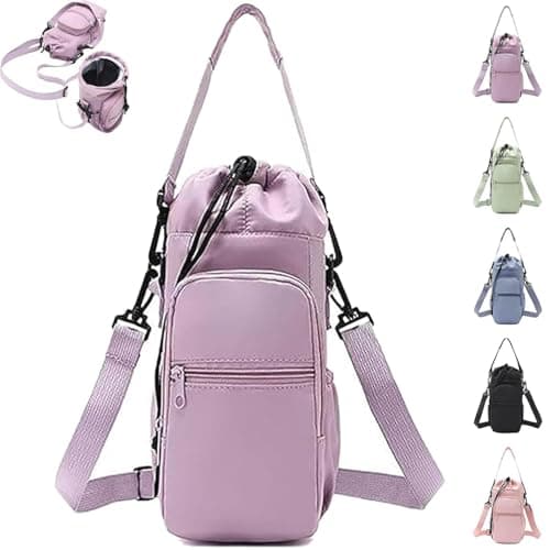 mmfLyuLD Insulated Water Bottle Carrier Bag, Portable Sports Water Bottle with Adjustable Strap, Insulated Waterbottle Holder Bottle Pouch Holder with Phone Pocket for Outdoor Sports Travel (Purple)