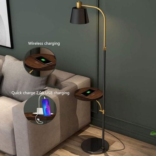 Standing Tall Lamps Nordic Floor Lamp With USB Charging Port Wood Tray Standing Lamp Adjustable Lampshade Marble Base High Pole Lamp Reading Light — view 5
