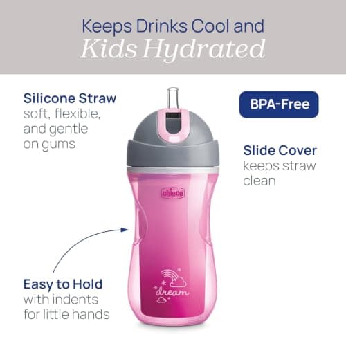 Chicco Double Wall Insulated Flip-Top Sippy Cup with Silicone Straw and Spill-Free Lid 9oz.| Top-Rack Dishwasher Safe | Easy to Hold with Ergonomic Indents | Dream Pink/Purple, 2pk | 12+ Months — view 3