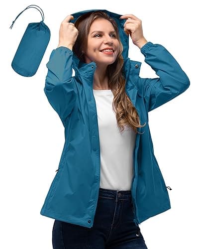 33,000ft Women's Lightweight Rain Jackets Hooded Breathable Packable Running Raincoats Active Trench Windbreaker with Hideaway Hood for Cycling Hiking (Morocco Blue-L/UK 14)