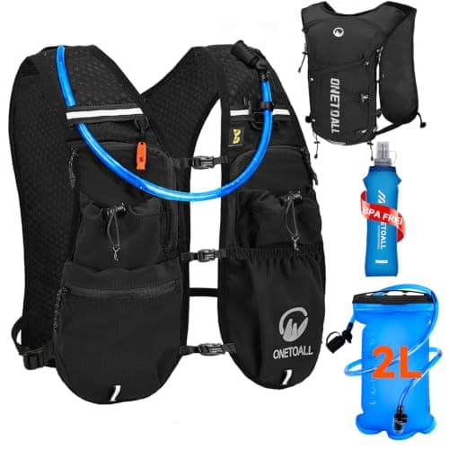 ONETOALL Running Vest Women with TPU Water Bottle 500ml & Water Bladder 2L, Lightweight Hydration Running Vests Mens, Reflective Running Backpack for Hiking Marathon Biking Sci, Black