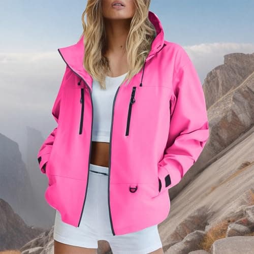 Lightweight Waterproof Jackets Women, Women's Waterproof Jackets Ladies Lightweight Windproof Packable Rain Jacket Raincoat Outdoor Windproof Running Golf Cycling Hiking Jacket with Hood 1-Hot Pink M — view 3
