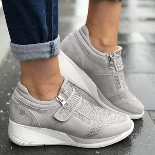 Womens Sport and Outdoor Shoes Plantar Fasciitis Shoes for Women Casual Tape Zipper Wedge Anti Platform Sneakers Footwear Orthopedic Walking Trainers Lightweight Walking Shoe Grey 5.5 — view 2