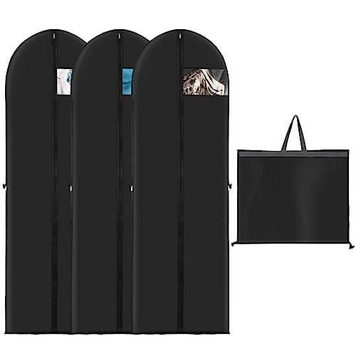 3 Pack Long Dress Covers Garment Storage Bags, 180cmx60cm Wedding Dress Covers for Storage and Travel, Full Length Foldable Washable Clothes Cover with Handles, for Gowns, Coats, Suit Carrier, Black