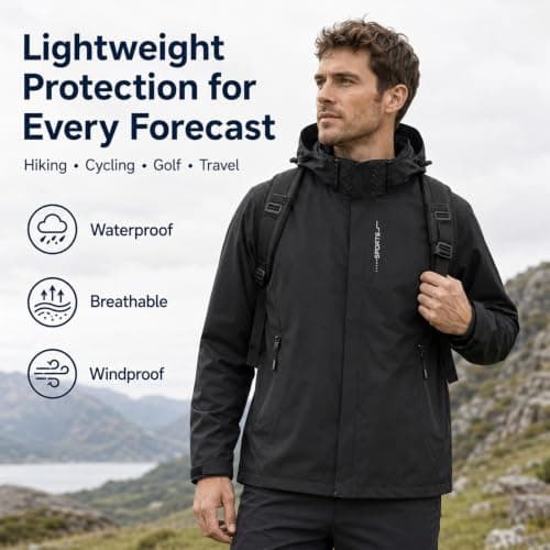NWDEY Mens Waterproof Jacket with Hood, Lightweight Packaway Rain Coat Breathable Windbreaker, Waterproof Raincoat for Outdoor Hiking Cycling Golf Travel (UK, Alpha, L, Regular, Regular, Black) — view 2