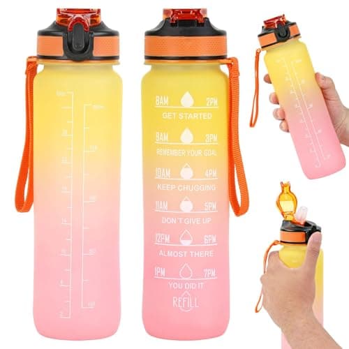 Livhome 1L Leakproof Hourly Water Bottle, BPA-Free Plastic Bottle with Straw, Time-Marking Intake Tracker, Motivational Gym & Sports Hydration Bottle for Adults (Yellow/Pink)
