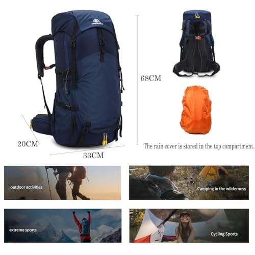 Hnayett 60L Hiking Backpack Waterproof Rucksack Large Camping Bag with Rain Cover for Men Women Lightweight Back Pack for Trekking Walking Cycling Climbing Travelling Outdoor Sports — view 2