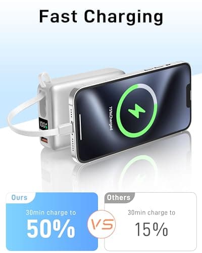 VINKO 20000mAh Fast Charging Power Bank, Small Power Bank with Built-in Cable, 22.5W USB C Portable Charger, Mini Battery Pack for iPhone 16 15 14 13 Samsung Galaxy Google Android (Sliver) — view 2