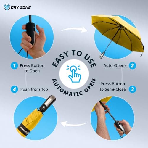 Dry Zone Windproof Three-Fold Small Umbrella 23”, Yellow – Heavy-Duty Vented Strong Umbrella with Wind-Resistant Design, Fibreglass Frame, Magnetic Strap, Black Handle, Waterproof Protection — view 5