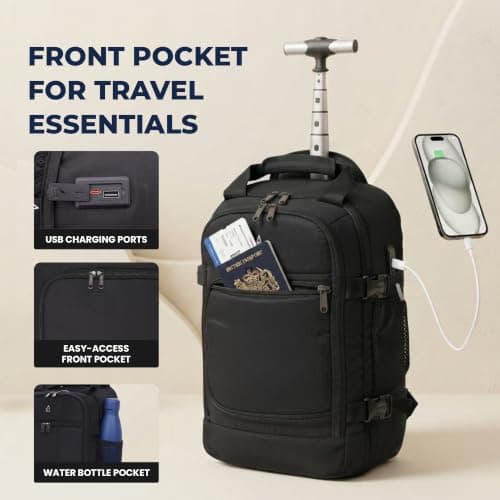 Aerolite Ryanair & Wizz Air Trolley Backpack Bag, 2 Wheels & USB Port — view 5