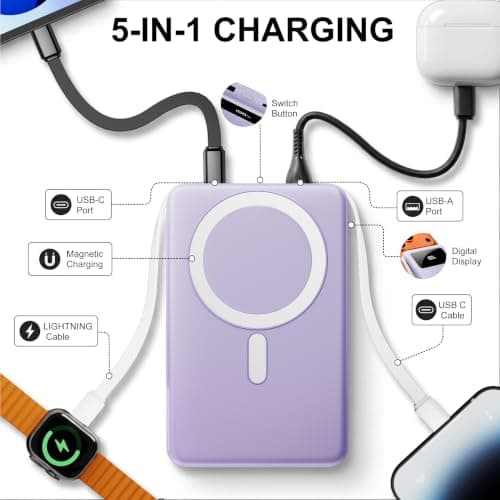 Magnetic Portable Charger,10000mAh Power Bank Built in Cables & LED Display External Battery Pack 22.5W Fast Charging Wireless Travel Powerbank for iPhone 17/16/15/14/13/12 Series/iPad,purple — view 5