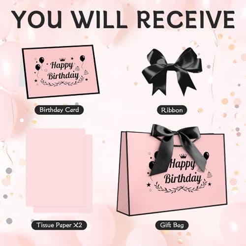 YoungTree Happy Birthday Gift Bag for Her, Medium Pink with Black Frame — view 3