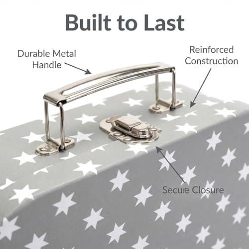 Hoolaroo Gift Box Suitcases with Metal Handles, Grey with White Stars Pattern, Set of 2, Small 20cm x 15cm x 8.5cm, Large 25cm x 18cm x 9cm — view 3