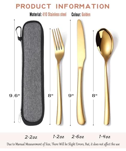 MURRI&MURRDI Stainless Steel Cutlery Set for 1, Reusable Flatware Set with Case, Cutlery Set for Work Stainless Steel Knife Fork Spoon Set 3 Piece (3 Gold) — view 2