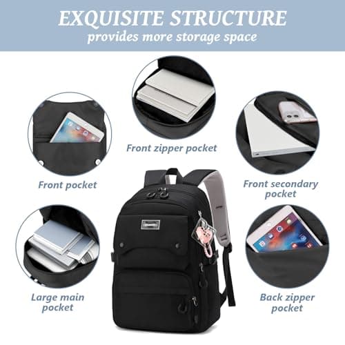 Aucuu School Daypack, School Bag, Lightweight School Backpack with Pendant, Teen Girls Casual Backpack, 15.6' Laptop Rucksack, Casual Daypack for Middle High School, College, Travel, Daily — view 3