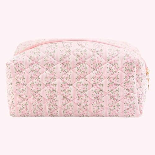Square Floral Cosmetic Bag for Women, Quilted Large Capacity Makeup Pouch with Zipper Closure - Aesthetic Cotton Travel Toiletry Organizer (Pink) — view 5