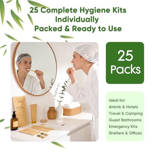 FEHHTO Compostable Personal Hygiene Kit Bulk 25 Sets, Disposable Travel Toiletry Kit, Eco Friendly Hotel Bathroom Amenities for Guest Care, with Bamboo Toothbrush, Toothpaste, Comb, Soap & Shower Cap — view 5