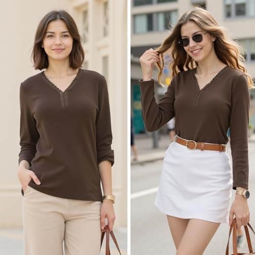 Crewhpo Womens Cotton Thermal Top Long Sleeve Undershirt V Neck Base Layer — view 4