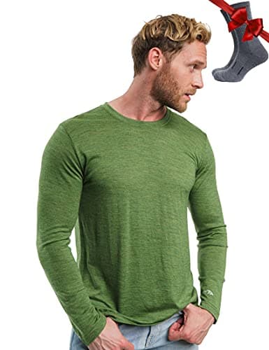 100% Merino Wool Base Layer Men - Long Sleeve Thermal Shirt + Hiking Socks (Medium, 165 Green Olive)