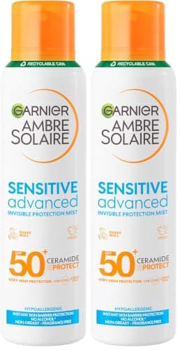 Garnier Ambre Solaire SPF 50+ Sensitive Advanced Dry Mist Sun Cream Spray, Water Resistant & Non Greasy Sunscreen, Fragrance Free, UVA & UVB Protection, Approved by Cruelty Free International, 150ml