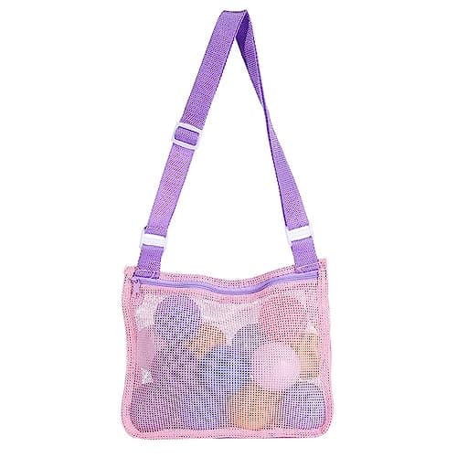 GLADFRESIT Mesh Beach Bag - Shell Net Tote for Seashell Collecting and Beach Accessories (Pink Purple Band)