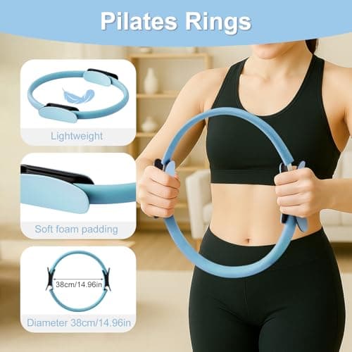 Trintion Pilates Ring Set 14" Premium Magic Circle with Dual Padded Handles, Includes 9" Anti-Burst Mini Ball 3 Resistance Bands (20/30/45 lbs) for Home Gym Pilates Equipment for Home (Blue) — view 3