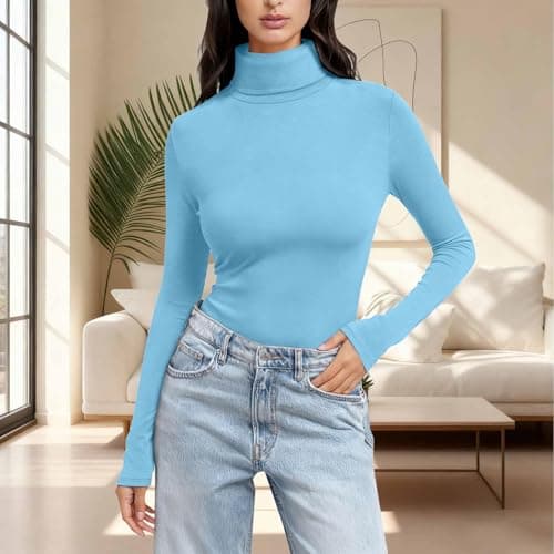 Long Sleeve Tshirt Women Thermal Polo Neck Soft Warm Slim Fit Plain Jumpers Base Layer Yoga Underwear Lightweight Stretch Basic Pullover Top Sports Tight Undershirt 2026 Sky Blue — view 2
