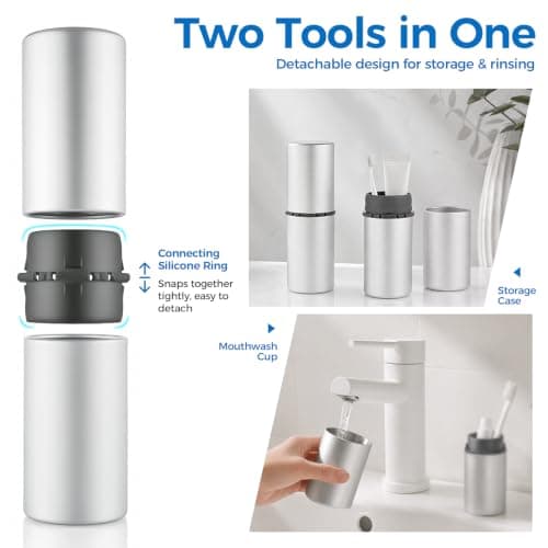Aluminum Toothbrush Travel Case, Dustproof Travel Toothbrush Holder with Mouthwash Cup, Portable Toothbrush and Toothpaste Travel Case for Traveling, Bathroom, Camping, Business Trip-Silver — view 4