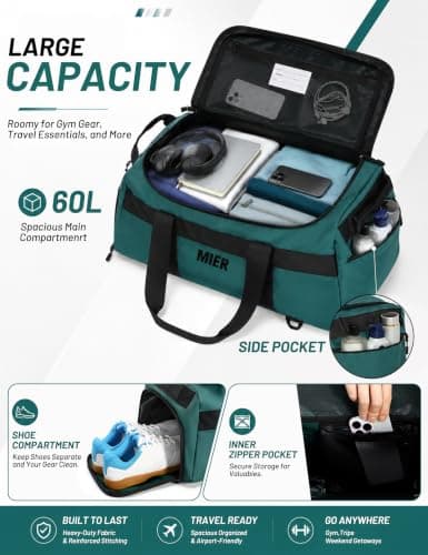MIER Men's 60L Gym Duffle Bag Large Weekender Travel Duffel Backpack, Dark Teal, 25.5 inches x 13.3 inches x 11 inches, Casual — view 3
