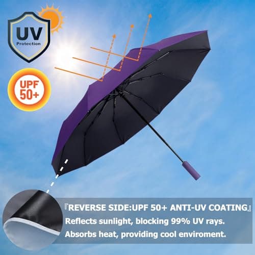 Travel Umbrella, Automatic Umbrellas for Rain, Windproof Compact Umbrella, Folding Sun Umbrella UV Umbrella, Portable Large Umbrella for Backpack, 10 RIBS Purple — view 5