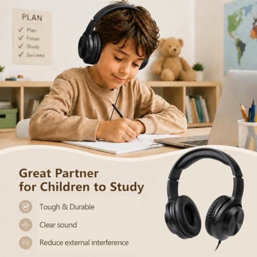 EFLUB 8Pack Wired Headphones, Over-Ear Headphones, Classroom Headphones Bulk, 3.5mm Plug, Tangle-Free Cord for Tablet, Laptop, PC, School, Travel (Black) — view 6