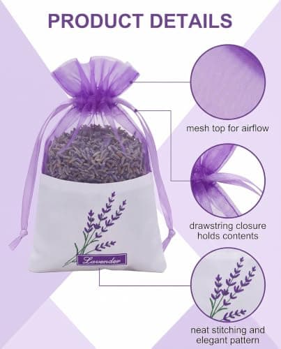 XUKZIMA Lavender Sachet Bags 20 Pack Purple, Breathable Refill Fabric Scented Pouches for Closet, Drawer & Linen Cupboard Odor Neutralization & Clothes Protection — view 5
