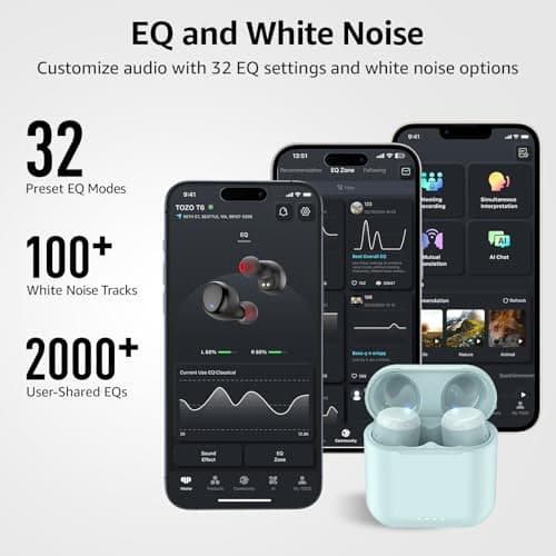 TOZO T6 Wireless Earbuds, Bluetooth 5.3 Ear Buds, Stereo Sound in Ear Headphones, 50 Hours Playtime for Travel, Work and Calls, Wireless Charging, APP Customizable EQs, IPX8 Waterproof Earphones — view 6