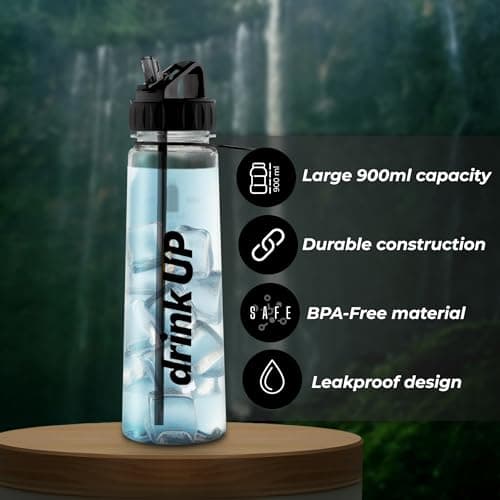 DrinkUp Motivational Water Bottle with Time Markings & Straw 900ml | Leak-Proof BPA-Free Hydration Tracker | Ideal for Gym, School, Office, Hiking & Cycling | Women & Men — view 2