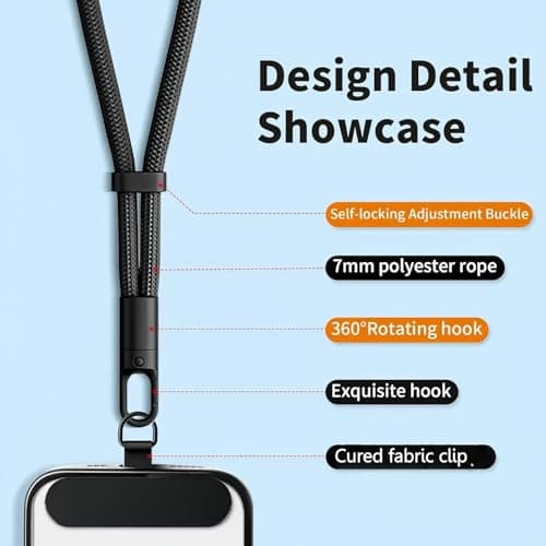 Phone Lanyard,Phone Wrist Strap,Anti Theft Phone Strap,Adjustable Pho/ne Chain,Anti-Lost Lanyard for Mobile Pho/nes Cameras Keys Bags,Cellphone Lan/yard with Tether Tab for Most Pho/ne Case（BLACK） — view 3