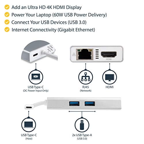 StarTech 4-in-1 USB-C Travel Dock with 4K HDMI, 60W PD, GbE, Silver White — view 2