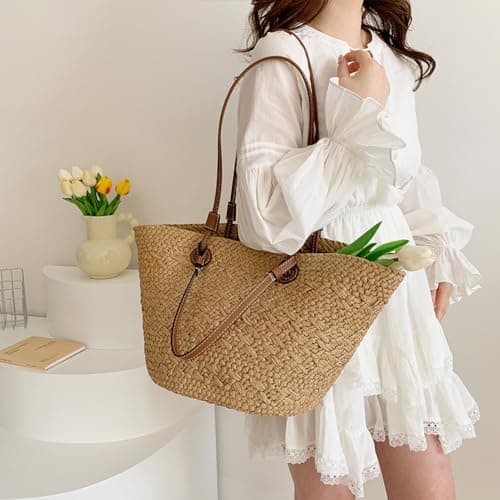 Fiorky Straw Tote Beach Bag Striped Shoulder Handbag Women Woven Tote Bag Fashion Shoulder Bag Large Capacity Summer Beach Bags Trendy Braided Bag Stylish Weaving Bag for Shopping Picnic — view 2