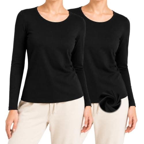 SCCGKP 2 Pack Women's Long Sleeve Thermal Shirts Soft Crewneck Undershirt Tops Lightweight Base Layer Cold Weather (UK, Alpha, L, Regular, Regular, Black)
