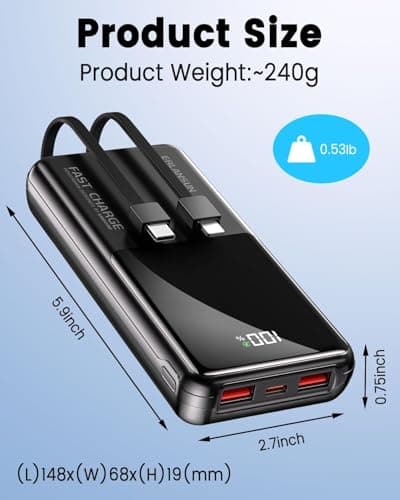 Power Bank Fast Charging 20000mAh 22.5W Portable Charger with Built-in Cables USB-C PD3.0 QC4.0 Powerbank Battery Pack with LCD Display for iPhone 17 16 15 14 13 Android and more — view 5