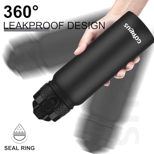 GOPPUS 600ml/20oz Stainless Water Bottle with Straw Double Wall Insulated Bottles with Strap One Hand Open Vacuum Thermal Flask with Flip Top Lid Leakproof Keep Cold Drinks BPA Free (Black) — view 3