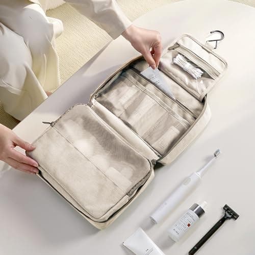 REPT New Fabric Toilet Bag for Hanging Wash Bag Makeup Cosmetic Organizer for Women Man Girls,for Business Trip, Vacation, Waterproof for Wash Bag & Shower Bag-Beige — view 6