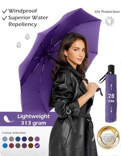 UK-UNIQUE Windproof Travel Umbrella - Compact, Light, Automatic, Strong and Portable - Wind Resistant, Small Folding Backpack Umbrella for Rain - Men and Women (Purple) — view 2