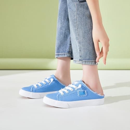 BENPAO Women's Mules Slip on Sneakers White Canvas Shoes Loafers, Denim Blue, 5 UK — view 3
