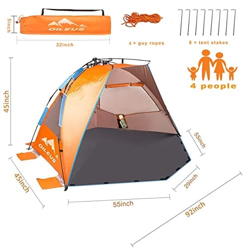 Oileus X-Large 4 Person Beach Tent Sun Shelter - Portable Sun Shade Instant Tent for Beach with Carrying Bag, Stakes, 6 Sand Pockets, Anti UV for Fishing Hiking Camping, Waterproof Windproof, Orange — view 2