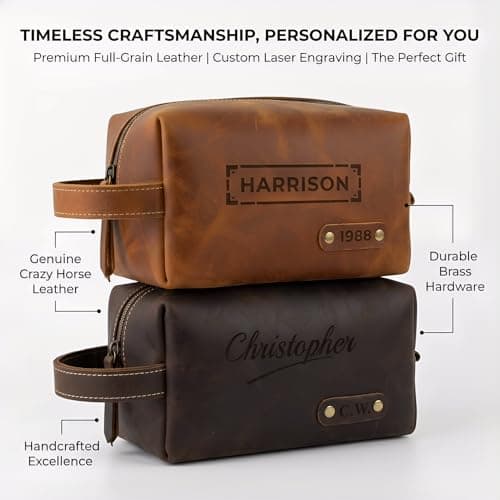 Personalised Mens Wash Bag, Leather Toiletry Bag for Men, Travel Dopp Kit — view 6