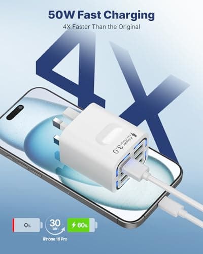 USB Plug UK, 50W 6-Port USB Wall Charger Plug Multi Port Power Adapter + QC Wall Plug Multiport Mains Charging Plug for iPhone 16 15 14 13 12 11 Pro Max SE XS XR Plus, Samsung, iPad, AirPod — view 3