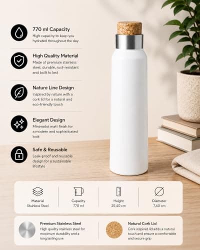 Personalised 770ml Stainless Steel Water Bottle with Natural Cork Lid - Eco-Friendly Custom Engraved Reusable Bottle for Office, Gym, Travel & Outdoor Use — view 4
