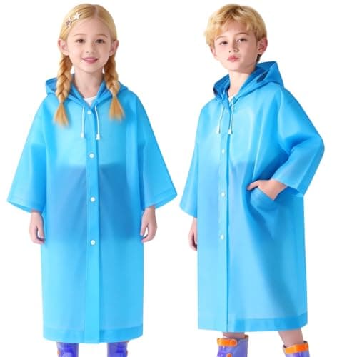 AropaeenGlowry 2pcs Kids Waterproof Rain Poncho with Hood & Sleeves - Reusable EVA Raincoat for Boys Girls, Camping & Travel, Blue